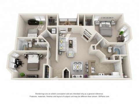 Floor plan for 3 beds, 2 baths, 1268 sqft